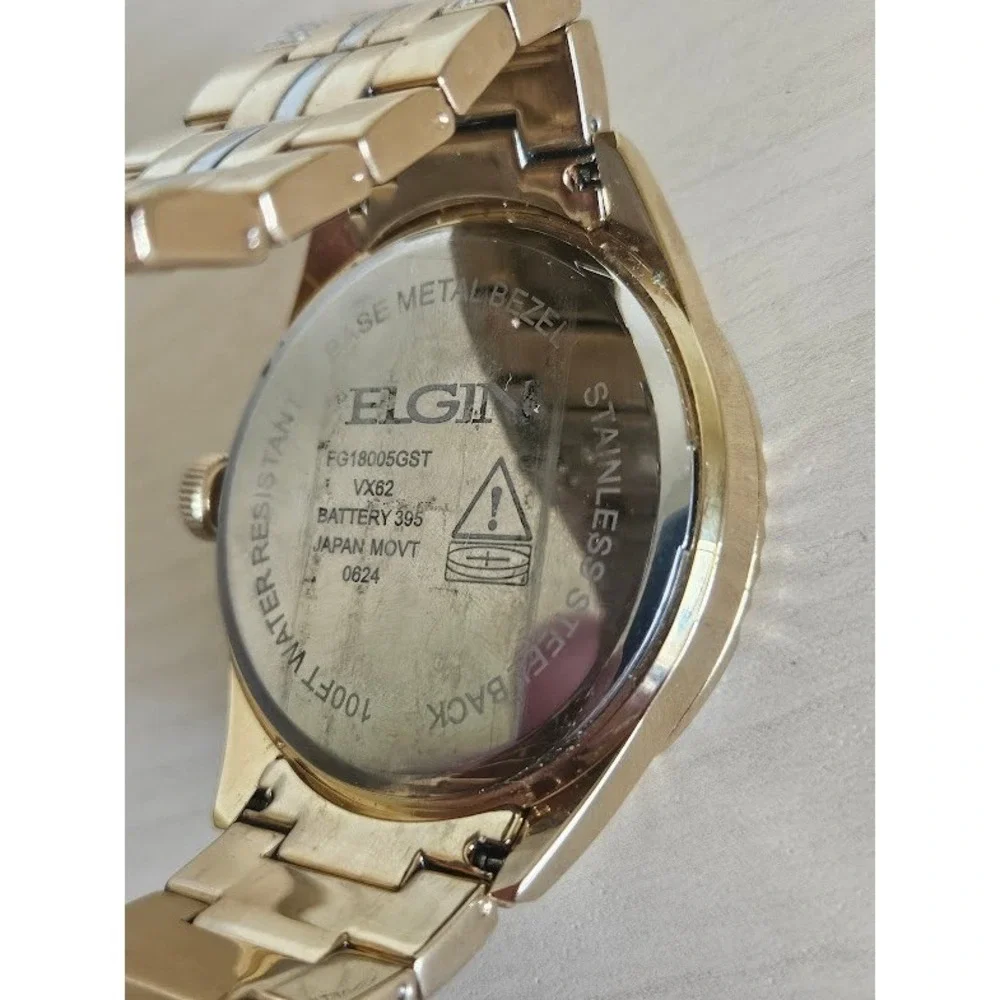 Elgin Men Gold Tone Crystal Watch and Bracelet Set Stainless Steel Analog